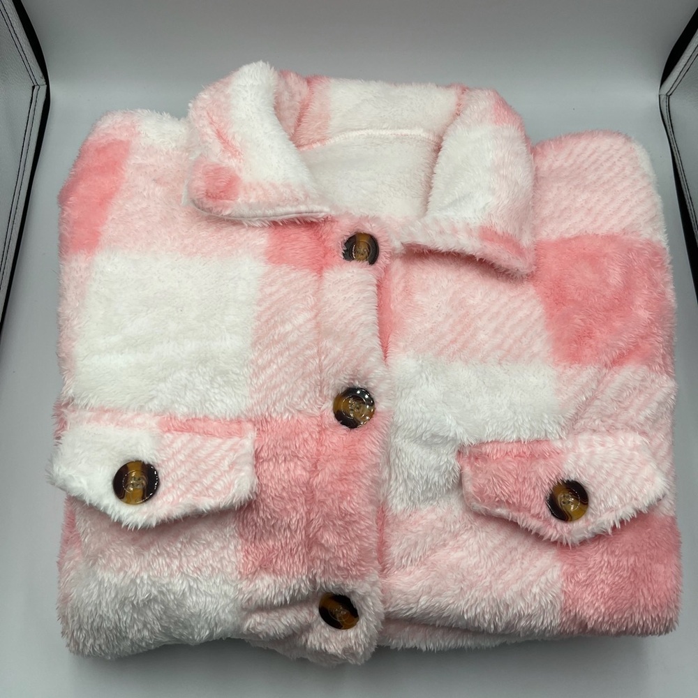 Pink & White Plaid Sherpa Button-Down Shacket - Picture 3 of 4